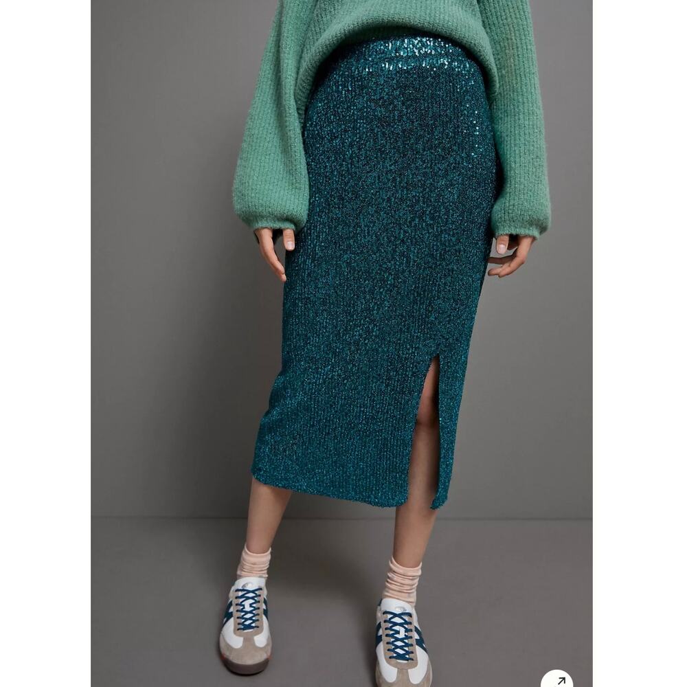 Anthropologie Maeve Alicia Sequined Midi Skirt Green Size Small - Picture 3 of 12